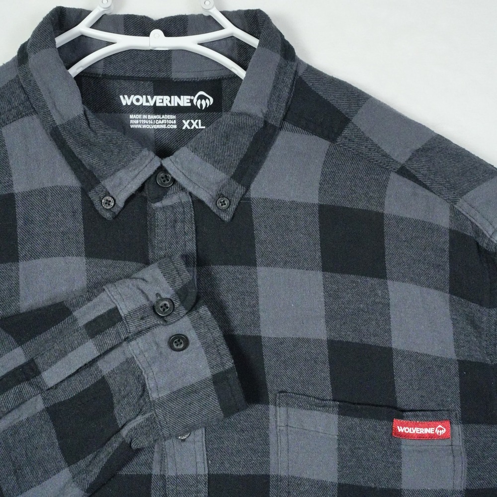 Wolverine Men's Size XXL Flannel Plaid Long Sleeve Button Up Shirt Black Grey‎